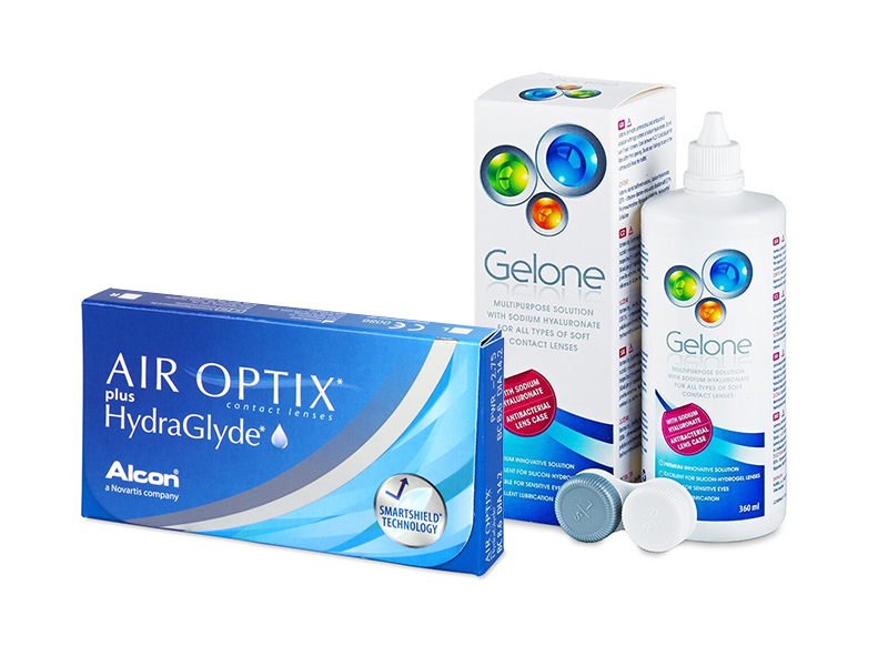 Air Optix plus HydraGlyde (6 lēcas) + Gelone Šķīdums 360 ml